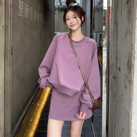 FA47966# 圆领长袖卫衣半身短裙高腰宽松显瘦运动休闲两件套装女秋 服裝批發女裝批發服飾貨源
