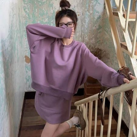 FA47966# 圆领长袖卫衣半身短裙高腰宽松显瘦运动休闲两件套装女秋 服裝批發女裝批發服飾貨源