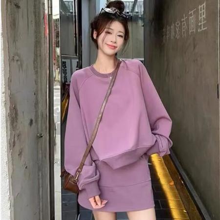 FA47966# 圆领长袖卫衣半身短裙高腰宽松显瘦运动休闲两件套装女秋 服裝批發女裝批發服飾貨源