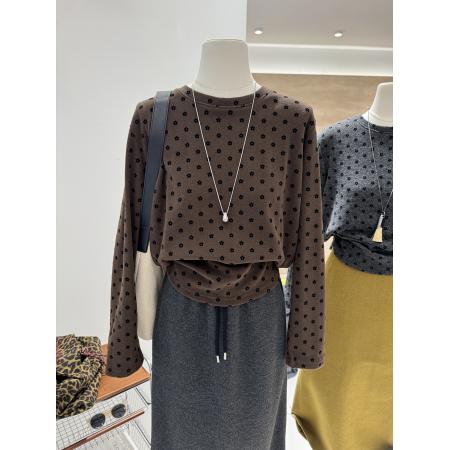 螺纹德绒大码300斤秋冬季韩系小花磨毛长袖宽松显瘦打底衫T恤女潮 服裝批發女裝批發服飾貨源