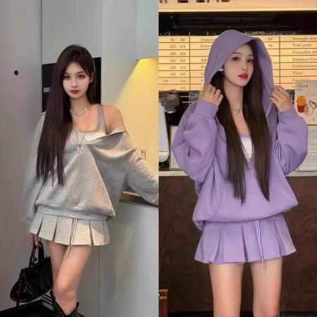 FA47968# 新款女装搭配一整套休闲运动连帽卫衣短裙两件套装春秋 服裝批發女裝批發服飾貨源