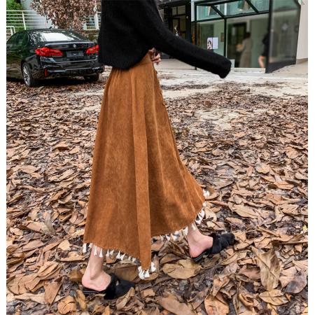 FA47970# 模特度假旅游复古灯芯绒流苏半身高腰A字裙中长款云南风 服裝批發女裝批發服飾貨源