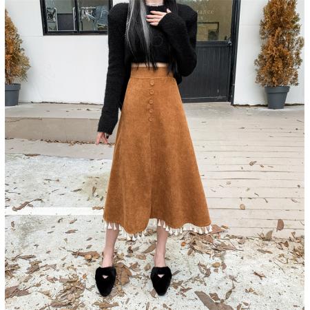 FA47970# 模特度假旅游复古灯芯绒流苏半身高腰A字裙中长款云南风 服裝批發女裝批發服飾貨源