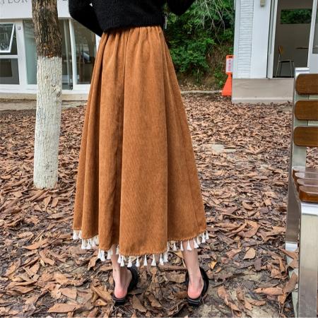 FA47970# 模特度假旅游复古灯芯绒流苏半身高腰A字裙中长款云南风 服裝批發女裝批發服飾貨源
