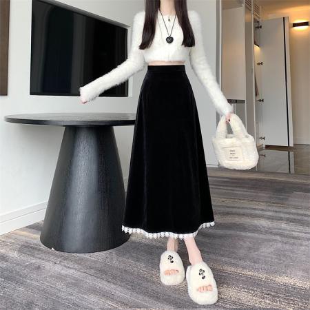 模特秋冬金丝绒A字半身裙显瘦百搭优雅蕾丝拼接伞裙长裙 服裝批發女裝批發服飾貨源