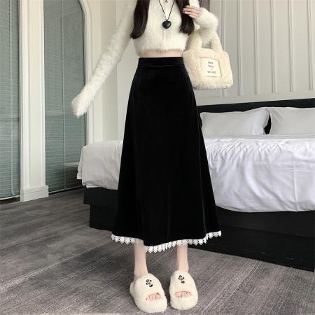FA47971# 模特秋冬金丝绒A字半身裙显瘦百搭优雅蕾丝拼接伞裙长裙 服裝批發女裝批發服飾貨源