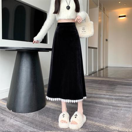 FA47971# 模特秋冬金丝绒A字半身裙显瘦百搭优雅蕾丝拼接伞裙长裙 服裝批發女裝批發服飾貨源