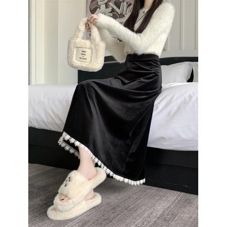 FA47971# 模特秋冬金丝绒A字半身裙显瘦百搭优雅蕾丝拼接伞裙长裙 服裝批發女裝批發服飾貨源