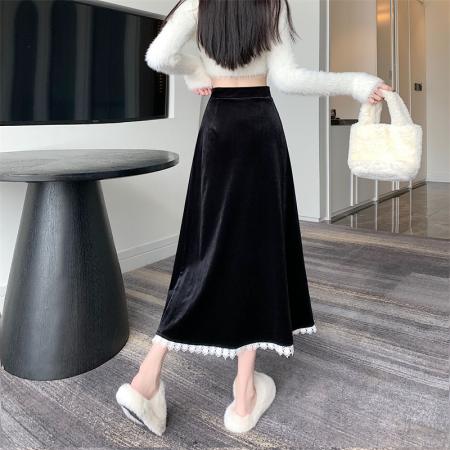 FA47971# 模特秋冬金丝绒A字半身裙显瘦百搭优雅蕾丝拼接伞裙长裙 服裝批發女裝批發服飾貨源