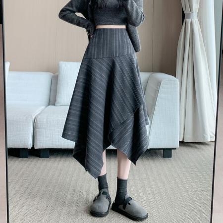 条纹不规则半身裙秋冬复古百搭中长款伞裙高腰A字裙子女 服裝批發女裝批發服飾貨源