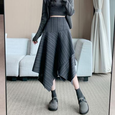FA47974# 条纹不规则半身裙秋冬复古百搭中长款伞裙高腰A字裙子女 服裝批發女裝批發服飾貨源