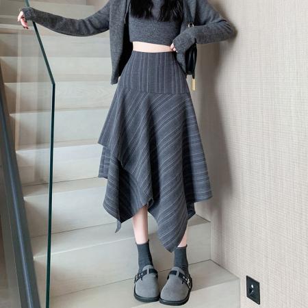 FA47974# 条纹不规则半身裙秋冬复古百搭中长款伞裙高腰A字裙子女 服裝批發女裝批發服飾貨源