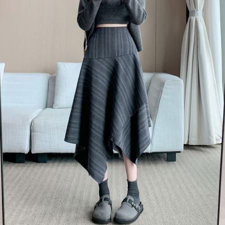 FA47974# 条纹不规则半身裙秋冬复古百搭中长款伞裙高腰A字裙子女 服裝批發女裝批發服飾貨源