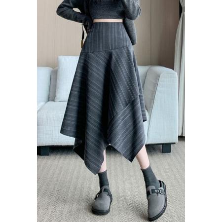 FA47974# 条纹不规则半身裙秋冬复古百搭中长款伞裙高腰A字裙子女 服裝批發女裝批發服飾貨源