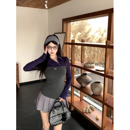 FA47978# 复古学院字母刺绣斜拉链翻领撞色修身显瘦长袖加绒打底衫 服裝批發女裝批發服飾貨源