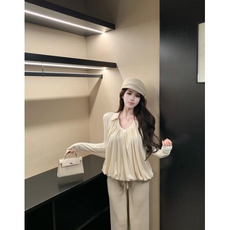 冬季纯欲翻领褶皱双层长袖宽松显瘦百搭设计感打底衫上衣 服裝批發女裝批發服飾貨源