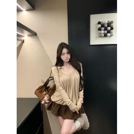 FA47979# 冬季纯欲翻领褶皱双层长袖宽松显瘦百搭设计感打底衫上衣 服裝批發女裝批發服飾貨源