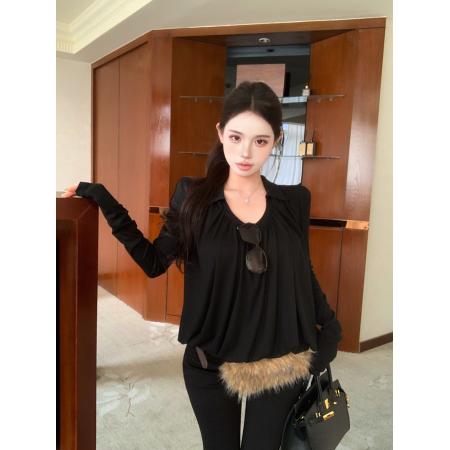 FA47979# 冬季纯欲翻领褶皱双层长袖宽松显瘦百搭设计感打底衫上衣 服裝批發女裝批發服飾貨源