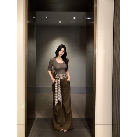 FA47980# 时尚辣妹阔腿喇叭裤拼接格子飘带高腰宽松垂感拖地长裤 服裝批發女裝批發服飾貨源