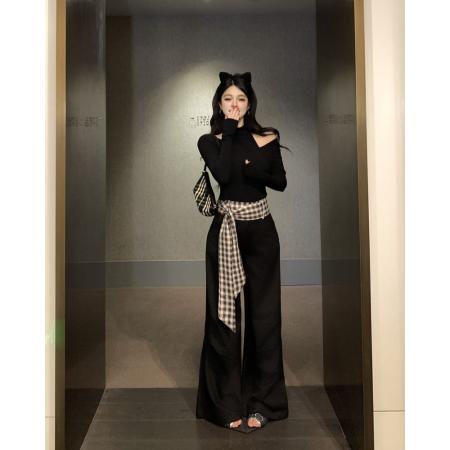 FA47980# 时尚辣妹阔腿喇叭裤拼接格子飘带高腰宽松垂感拖地长裤 服裝批發女裝批發服飾貨源