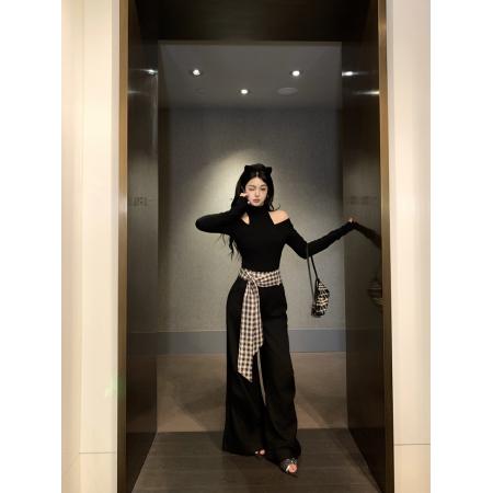 FA47980# 时尚辣妹阔腿喇叭裤拼接格子飘带高腰宽松垂感拖地长裤 服裝批發女裝批發服飾貨源