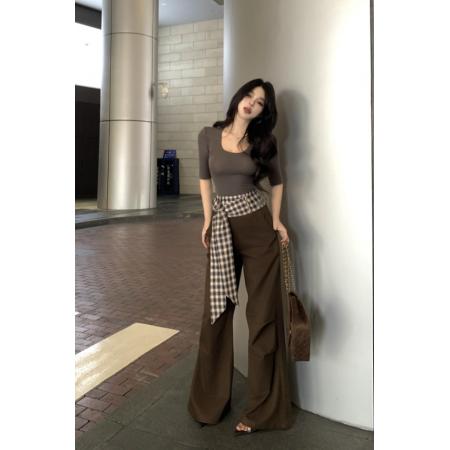 FA47980# 时尚辣妹阔腿喇叭裤拼接格子飘带高腰宽松垂感拖地长裤 服裝批發女裝批發服飾貨源