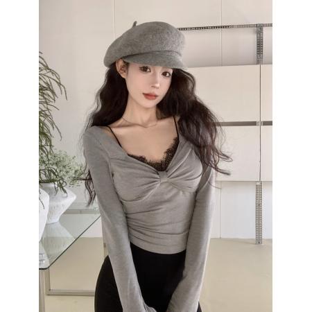 冬性感辣妹风U领拼接蕾丝立体蝴蝶结嗲欲内搭打底衫上衣 服裝批發女裝批發服飾貨源