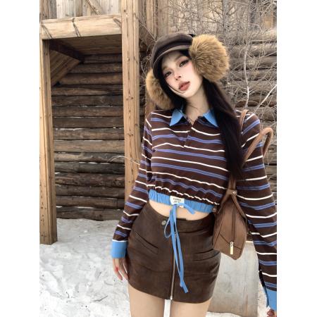 复古时髦撞色条纹拼接Polo领长袖T恤短款内搭辣妹上衣 服裝批發女裝批發服飾貨源