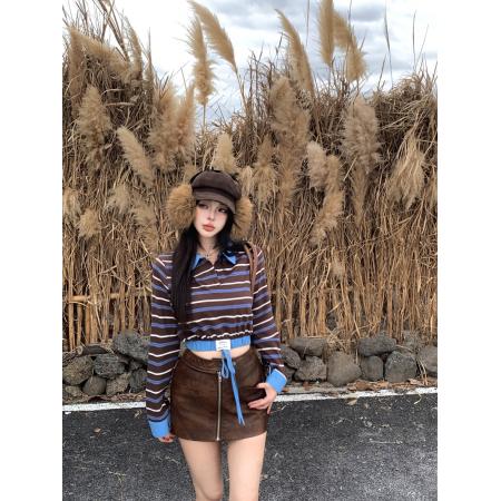 FA47983# 复古时髦撞色条纹拼接Polo领长袖T恤短款内搭辣妹上衣 服裝批發女裝批發服飾貨源