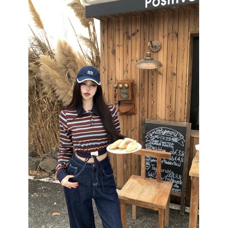 FA47983# 复古时髦撞色条纹拼接Polo领长袖T恤短款内搭辣妹上衣 服裝批發女裝批發服飾貨源