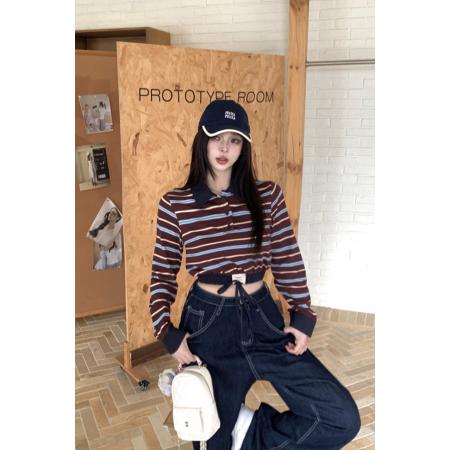 FA47983# 复古时髦撞色条纹拼接Polo领长袖T恤短款内搭辣妹上衣 服裝批發女裝批發服飾貨源