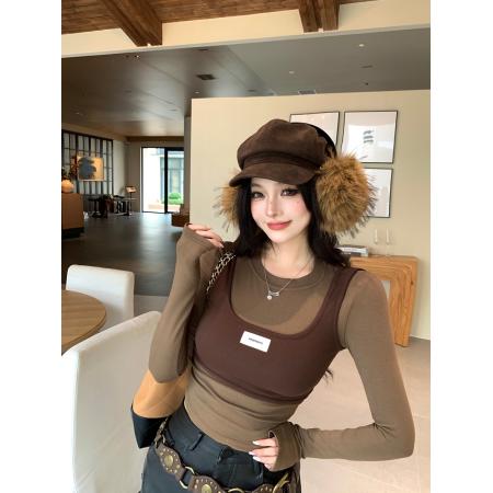 辣妹圆领撞色假两件修身显瘦加绒收腰设计感长袖打底衫 服裝批發女裝批發服飾貨源