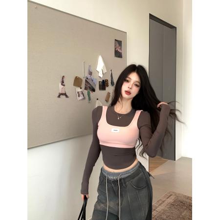 FA47984# 辣妹圆领撞色假两件修身显瘦加绒收腰设计感长袖打底衫 服裝批發女裝批發服飾貨源