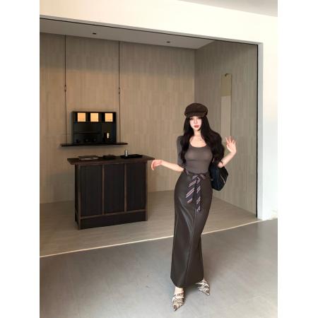 FA47985# 冬季高腰直筒半身皮裙中长款气质开叉百搭显瘦包臀长裙 服裝批發女裝批發服飾貨源