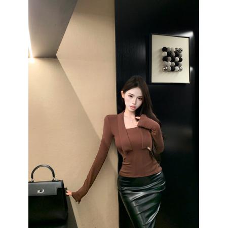 FA47986# 复古纯色方领收腰修身长袖加绒内搭打底衫设计感上衣 服裝批發女裝批發服飾貨源