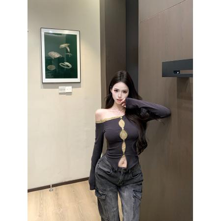 FA47987# 辣妹露肩拼接蕾丝长袖修身显瘦长袖斜肩加绒打底衫上衣 服裝批發女裝批發服飾貨源