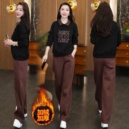 FA47988# 秋冬新款休闲简约时尚翻领印花加绒加厚卫衣阔腿裤两件套 服裝批發女裝批發服飾貨源