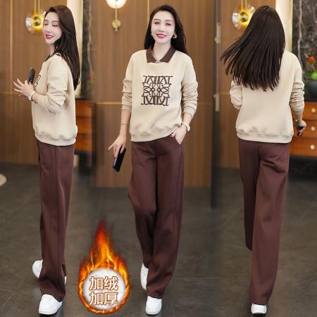 FA47988# 秋冬新款休闲简约时尚翻领印花加绒加厚卫衣阔腿裤两件套 服裝批發女裝批發服飾貨源