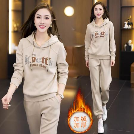 FA47989# 加绒加厚休闲套装秋冬新款洋气减龄显瘦连帽卫衣束脚裤两件套 服裝批發女裝批發服飾貨源