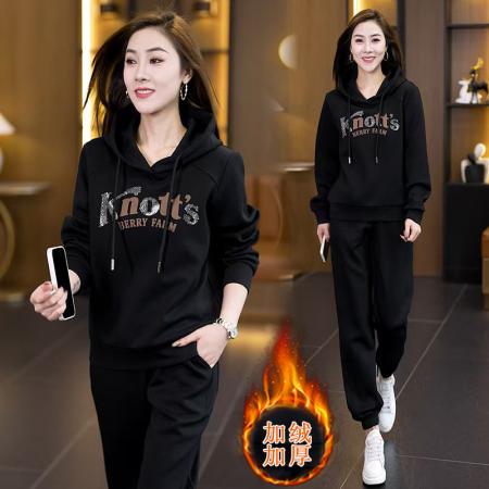 FA47989# 加绒加厚休闲套装秋冬新款洋气减龄显瘦连帽卫衣束脚裤两件套 服裝批發女裝批發服飾貨源