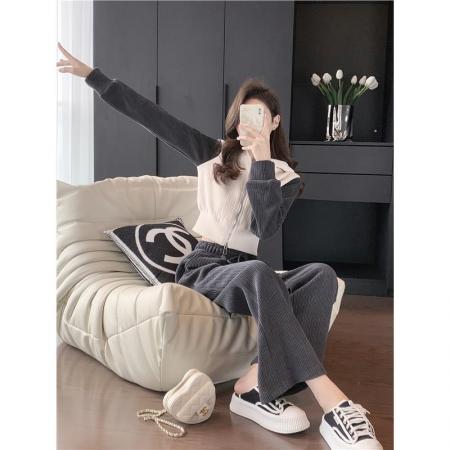 小矮个子运动卫衣套装女冬高腰直筒阔腿裤短款上衣两件套 服裝批發女裝批發服飾貨源