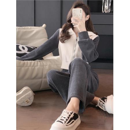 FA47990# 小矮个子运动卫衣套装女冬高腰直筒阔腿裤短款上衣两件套 服裝批發女裝批發服飾貨源