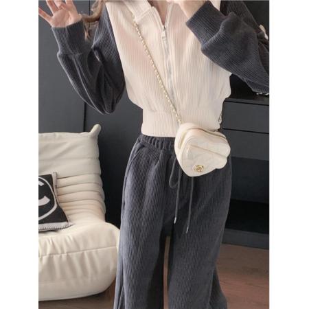 FA47990# 小矮个子运动卫衣套装女冬高腰直筒阔腿裤短款上衣两件套 服裝批發女裝批發服飾貨源