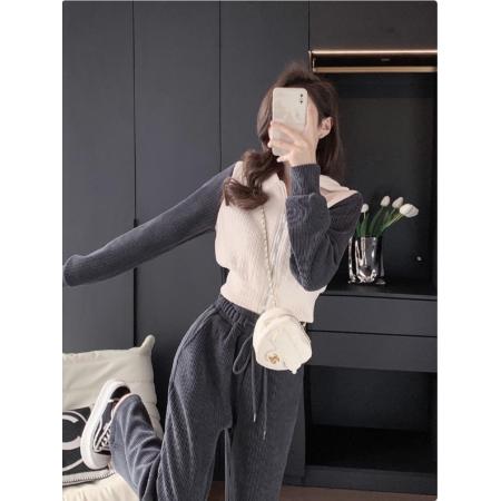 FA47990# 小矮个子运动卫衣套装女冬高腰直筒阔腿裤短款上衣两件套 服裝批發女裝批發服飾貨源