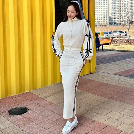 FA47994# 蝴蝶结点缀双拉链运动外套+高腰开叉半身长裙卫衣套装 服裝批發女裝批發服飾貨源