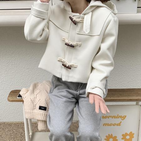 减龄学院风牛角扣连帽设计宽松百搭氛围感短款毛呢外套 服裝批發女裝批發服飾貨源