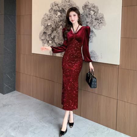 FA47996# 视频秋冬季新款v领金丝绒亮片长裙包臀连衣裙 服裝批發女裝批發服飾貨源