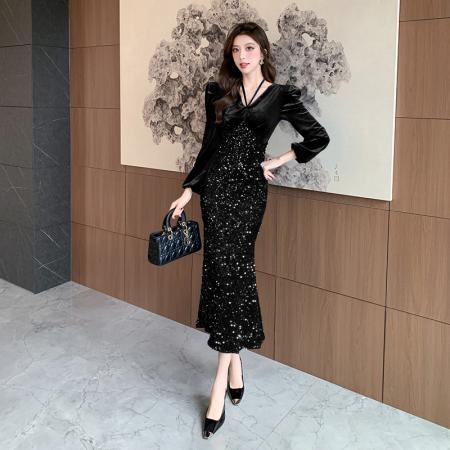 FA47996# 视频秋冬季新款v领金丝绒亮片长裙包臀连衣裙 服裝批發女裝批發服飾貨源