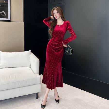 FA47997# 视频秋季长袖新款金丝绒长裙包臀连衣裙 服裝批發女裝批發服飾貨源