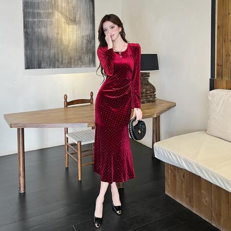 FA47997# 视频秋季长袖新款金丝绒长裙包臀连衣裙 服裝批發女裝批發服飾貨源